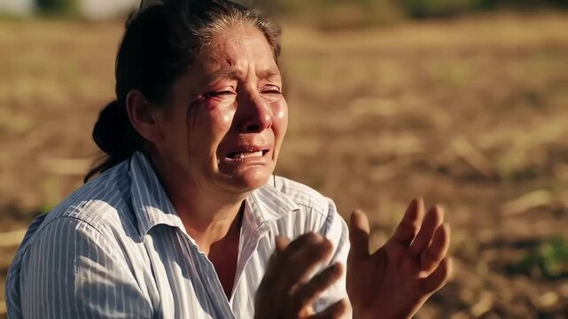 Heartbroken mature farmer woman crying in despair in a barren agricultural field