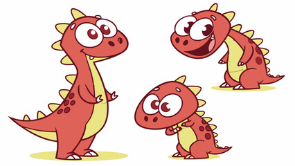 Fototapeta premium Adorable red cartoon baby dinosaurs in various playful poses, standing, laughing, and shyly looking down. Friendly vector illustration on a white background.