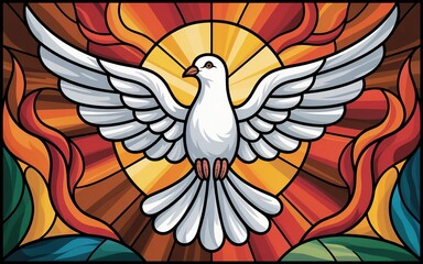 Pentecost, Holy Spirit Dove in Stained Glass Style with Fiery Rays and Colorful Flames