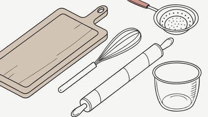 Isometric line art illustration of essential baking and kitchen tools including a wooden cutting board, whisk, rolling pin, colander, and measuring cup.