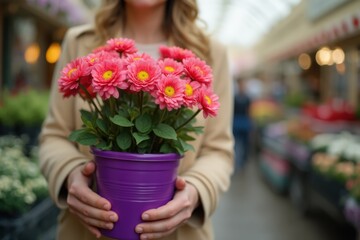 Crop hand of woman holding beautiful blooming flowers in purple pot on market