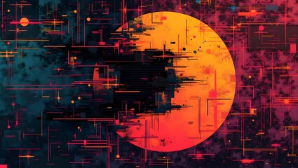 Obraz premium Abstract Digital Art, Glowing Orb and Intersecting Lines in Neon Hues