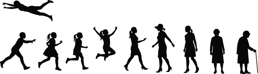 Human life stages silhouette, childhood to old age, girl growing woman, female evolution, age progression, timeline concept, aging process art