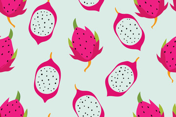 Pattern of Pink Dragon Fruit with Black Seeds on Light Gray Background