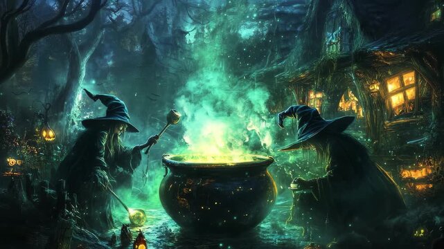 Two mysterious witches gather around a glowing cauldron in a dark, enchanted forest. The air sparkles with magic, as the full moon casts an ethereal glow, illuminating their spellbinding craft.