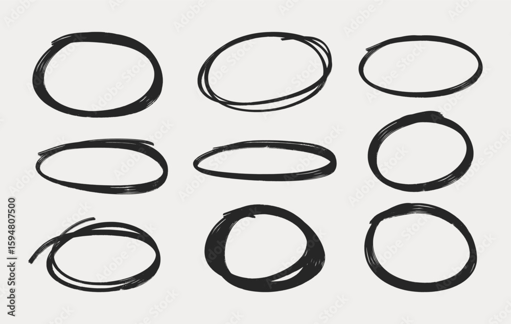 Fototapete set of marker vector ovals. round mark on white for text highlighting. hand drawn encircle signs col