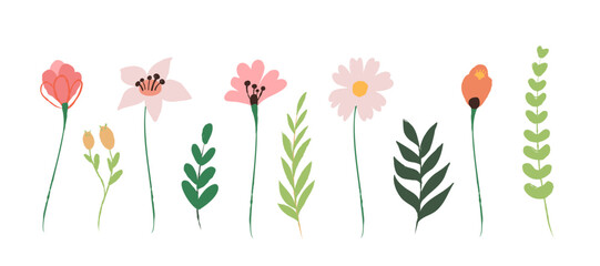 A colorful cartoon collection of decorative flowers and leaves, ideal for digital scrapbooking, greeting cards, wedding invitations, and spring-themed designs