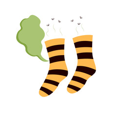 A cartoon illustration of a pair of stinky socks with visible odor and buzzing flies. Vector drawing humorous, hygiene related