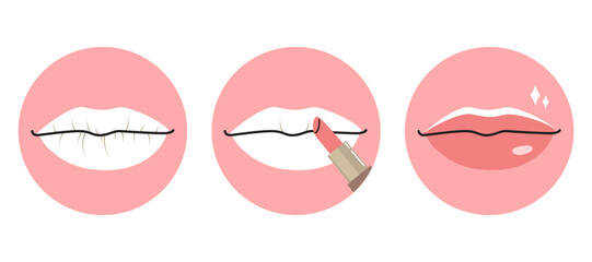 A step by step cartoon infographic showing how to apply lip balm for a dry mouth. Drawing for skincare, health education and beauty industry use