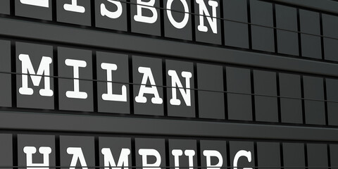 Obraz premium Milan, Italy, travel destination, airport departure board. Tourism, booking, vacation, travel, holiday, journey. 3D illustration