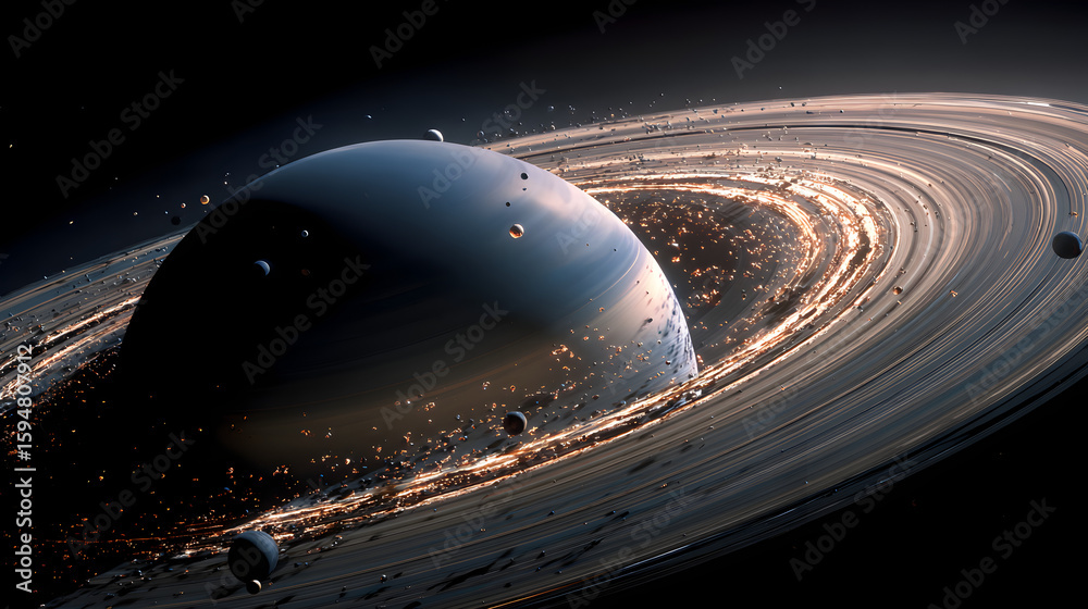 Wall mural a view of a planet with rings and several moons in the dark expanse of outer space around the planet