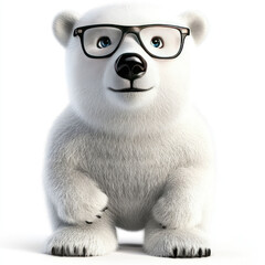 3D funny cartoon polar bear in glasses close-up, isolated, on a white background. Ironic character for advertising, logo, cute children's print, illustration for printing on fabric, paper, porcelain, 
