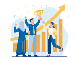 Flat Illustration of Achievement Celebration: Happy Coworkers Holding Gold Trophy and Cheering for Positive Business Results with Increasingly Growing Chart Background