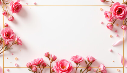 Beautiful arrangement of pink roses on a white background with a delicate border, perfect for invitations or greetings.