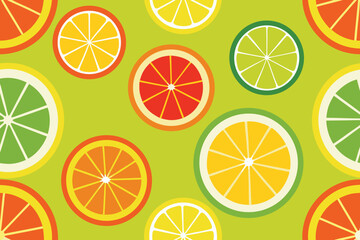 Vibrant Citrus Fruit Slices Patterned on Green Background, Perfect for Healthy Food Concepts