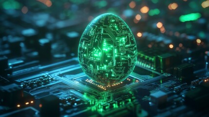 Glowing green circuit egg on a motherboard.