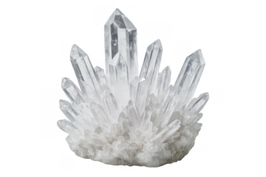 Bright quartz crystal cluster with transparent background, ideal for geology, healing, and esoteric projects