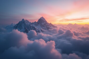 Mountain peaks between clouds at sunset