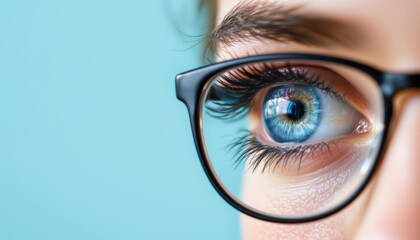 Close-up of a person's eye wearing glasses, showcasing vivid blue iris against a light background.