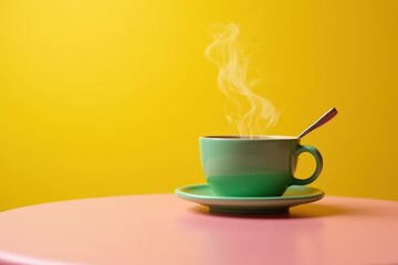 Green cup of hot aromatic coffee with spoon placed on pink round table against yellow background