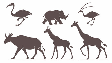 Dark brown vector silhouettes of six African safari animals isolated on white background. Featuring flamingo, rhino, ostrich, eland, and two giraffes. Wildlife art set.