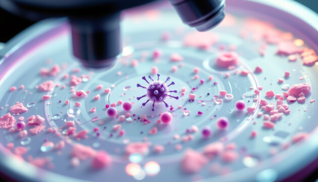 Close-up of microscopic structures with pink hues and droplets, showcasing intricate details of biological samples.