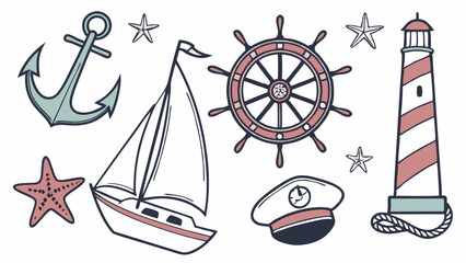 Charming hand-drawn nautical marine elements set. Includes anchor, sailboat, ship wheel, lighthouse, captain hat, and starfish in a delightful sketch style.