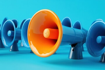 Unique orange megaphone among identical blue ones, concept of leadership and special announcement