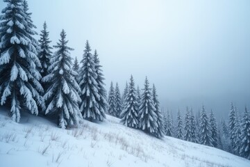 Pine trees along a snowy hillside