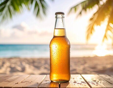 Orzeźwiający nap&oacute;j piwo oranżada w butelce na plaży