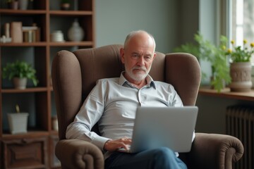 Mature man sitting in armchair- using laptop- thinking