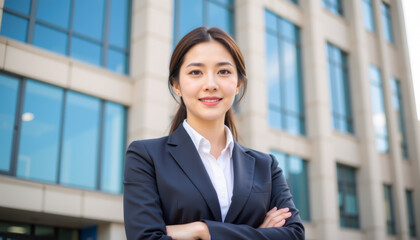 Confident businesswoman smiling outside modern office building with arms crossed, reflecting professionalism.