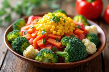 Rainbow salad made out of broccoli- carrot- corn- cauliflower- red cabbage- red bell pepper
