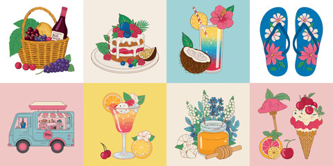 Fototapeta premium Vibrant Summer Delights: A delightful assortment of sunny day items illustrated in vivid colors and textures, celebrating the joys of summer and leisure.