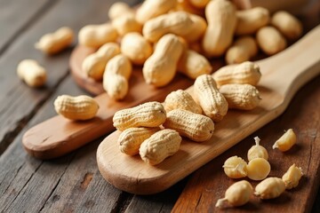 Group of peanuts on wooden boards
