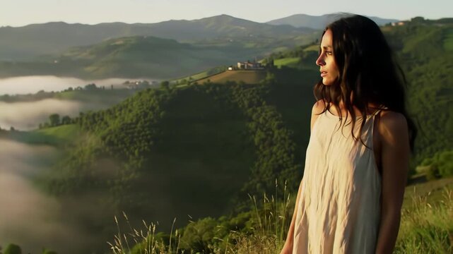 Beautiful pensive woman in a simple dress watching the sunrise over a foggy mountain valley