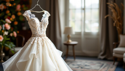 Elegant wedding dress suspended in a beautifully decorated room, perfect for bridal fashion inspiration.