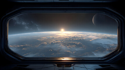 Fototapeta premium View of earth and moon from a spaceship window with sunrise over the planet and starry sky visible