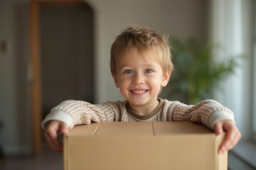 Boy opening cardboard at home