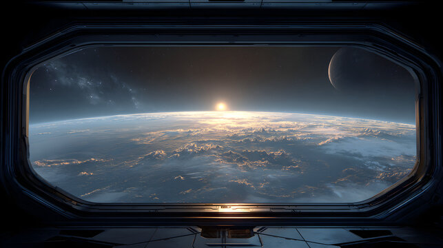 View of earth and moon from a spaceship window with sunrise over the planet and starry sky visible