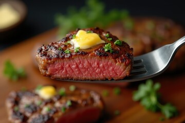 Close-up image of beef medium rare steak slice on a fork with herb butter