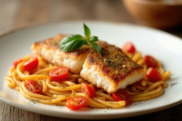 Plate of fish and tomato pasta