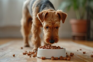 Portrait of welsh terrier dog eating a dog food from a bowl indoors