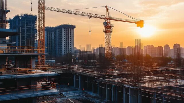 Golden light casts striking shadows across a construction site at sunset, highlighting cranes and workers as they transform the skyline of a bustling city into a modern marvel of architecture.