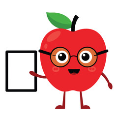 Friendly cartoon teacher apple wearing glasses pointing with a stick to a blank whiteboard for educational presentations