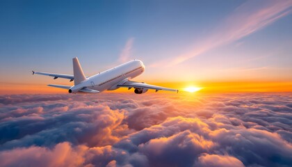 Airplane flying in beautiful sky with sunrise