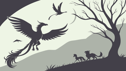 Naklejka premium Mythical phoenix soaring with birds over a minimalist monochrome silhouette landscape featuring a bare tree and two dogs on hills vector illustration