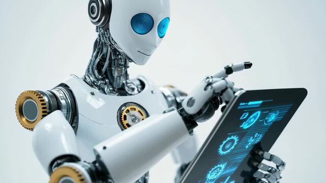 In a sleek, modern studio, a robotic figure examines intricate displays showing mechanical designs and data analytics, embodying the intersection of technology and creativity.