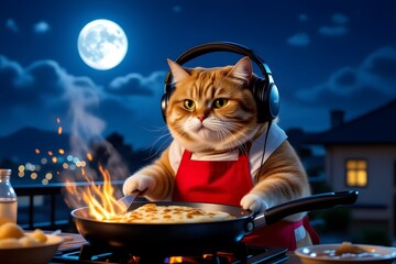 Whimsical Cat Chef Cooking Under a Full Moon