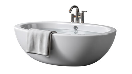 Fototapeta premium A modern white bathtub with chrome faucet and a folded towel on the side, isolated on transparent background